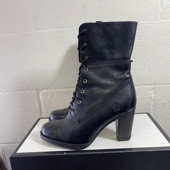 Timberland 8622A Black Leather Fold Down Boots Heels Lace Up Women's Size 8 US - Picture 4 of 10